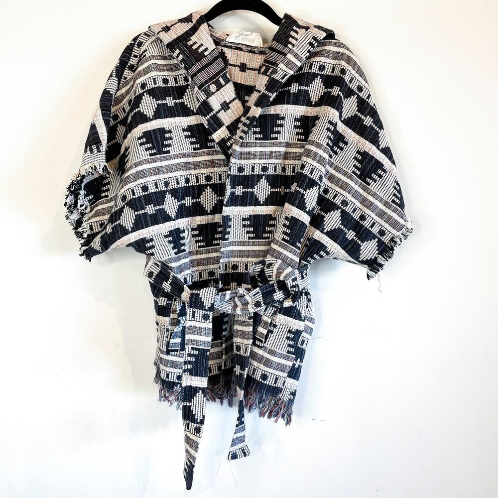 BB Dakota Black & White Print Knit Cozy Hooded Jacket w/‎ Belt Boho Women's S